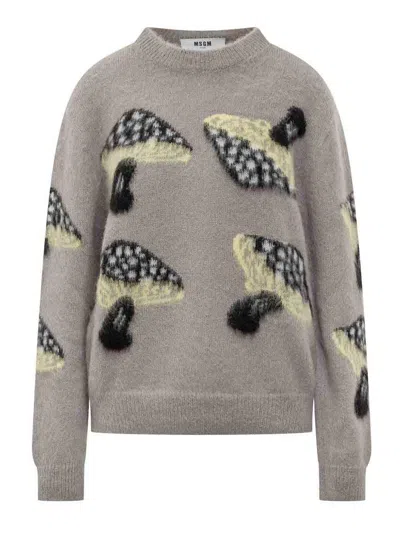 Msgm Soft Knit Sweater With Whimsical Mushroom Motif In Gray