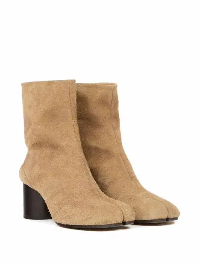 Maison Margiela Square Toe Suede Ankle Block Heel Boots In Brown