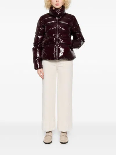 Pinko Cropped High Collar Burgundy Coat With Glossy Finish In Brown