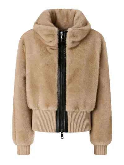 Pinko Cropped Plush Coat With High Collar In Brown