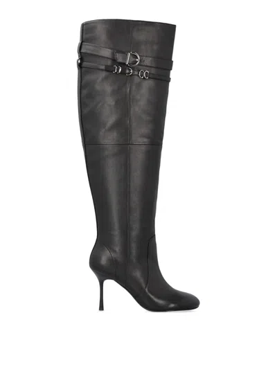 Pinko Pointed Toe Knee-high Boots With Decorative Straps In Black
