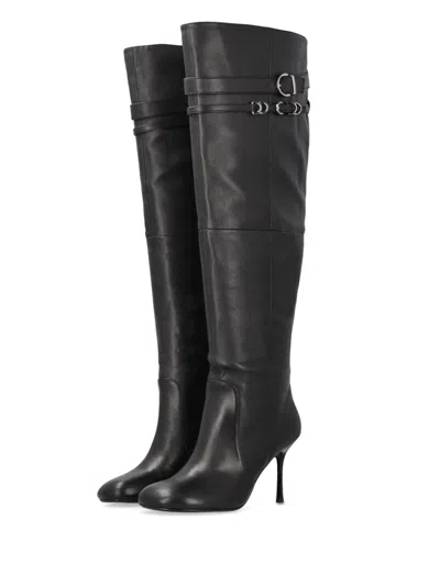 Pinko Pointed Toe Knee-high Boots With Decorative Straps In Black