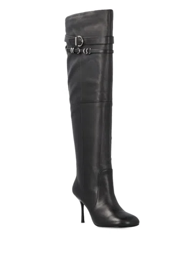 Pinko Pointed Toe Knee-high Boots With Decorative Straps In Black
