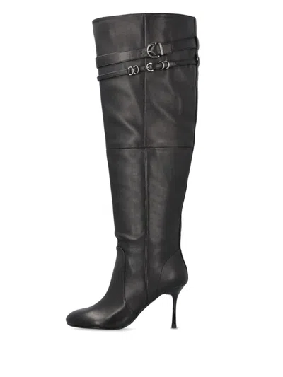 Pinko Pointed Toe Knee-high Boots With Decorative Straps In Black