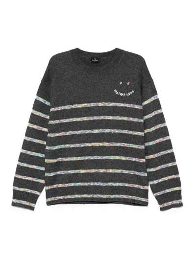 Paul Smith Horizontal Stripe Knit Sweater With Embroidered Detail In Gray