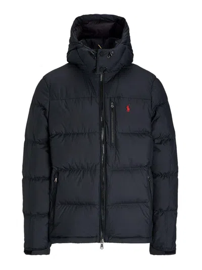 Polo Ralph Lauren Blue Down Jacket With Fixed Hood And Embroidered Pony Logo On Chest In Tech Fabric Man In Black