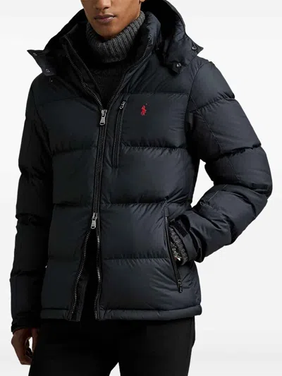 Polo Ralph Lauren Blue Down Jacket With Fixed Hood And Embroidered Pony Logo On Chest In Tech Fabric Man In Black