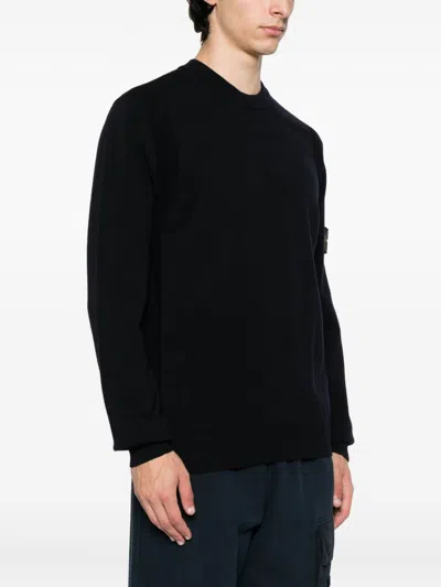 Stone Island Stretch Wool Crewneck Sweater With Reverse Stitch Details In Blue