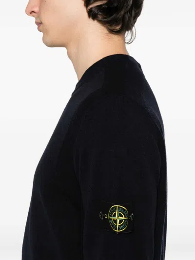 Stone Island Stretch Wool Crewneck Sweater With Reverse Stitch Details In Blue