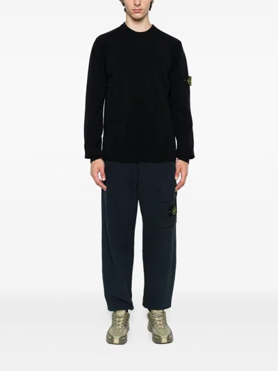 Stone Island Stretch Wool Crewneck Sweater With Reverse Stitch Details In Blue