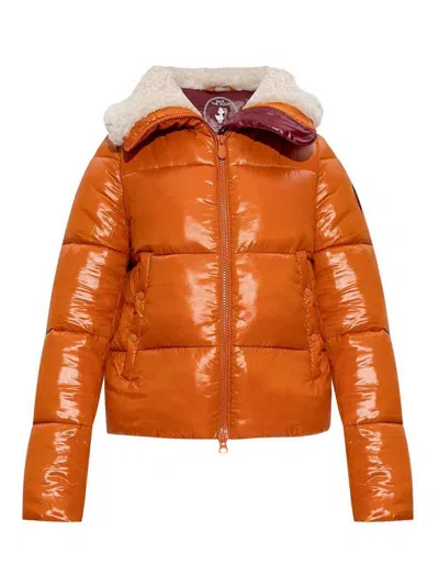 Save The Duck Glossy Padded Short Jacket With Shearling-lined Collar In Orange