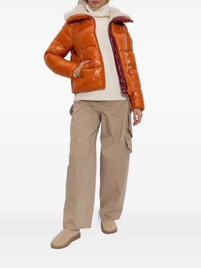 Save The Duck Glossy Padded Short Jacket With Shearling-lined Collar In Orange