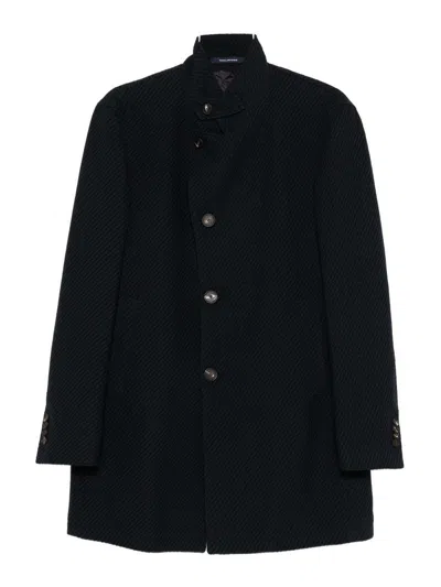 Tagliatore Structured Blue Coat With High Collar In Black