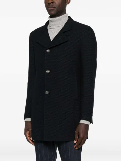Tagliatore Structured Blue Coat With High Collar In Black