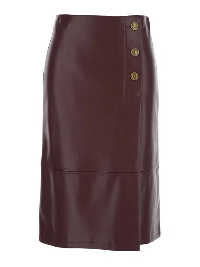Twinset Bordeaux Midi Skirt With Jewel Buttons And Asymmetric Details In Ecoleather Woman In Brown