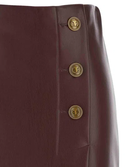 Twinset Bordeaux Midi Skirt With Jewel Buttons And Asymmetric Details In Ecoleather Woman In Brown
