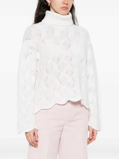 Twinset Textured Cable Knit Sweater With High Turtleneck In White