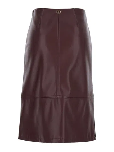 Twinset Bordeaux Midi Skirt With Jewel Buttons And Asymmetric Details In Ecoleather Woman In Brown
