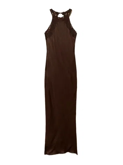 Twinset Long Brown Dress With Lace Halter Neckline  In Brown