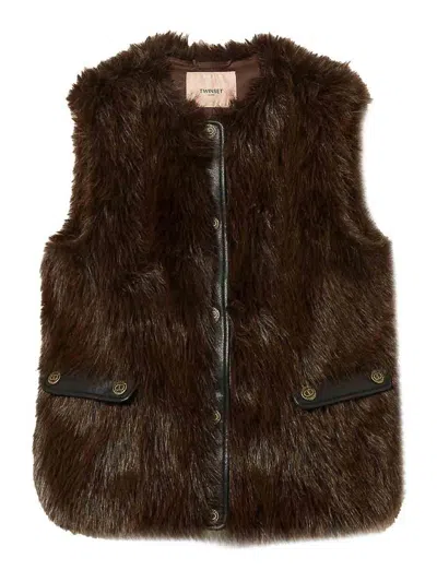 Twinset Twin-set Faux Fur Vest With Leather Back In Brown