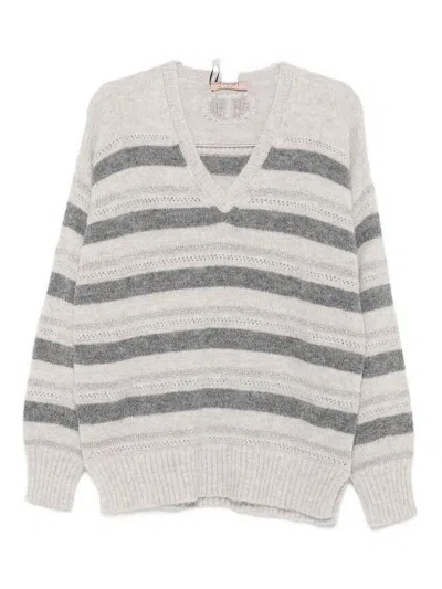 Twinset Horizontal Striped Knit Sweater With V-neckline In Gray