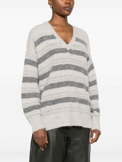 Twinset Horizontal Striped Knit Sweater With V-neckline In Gray