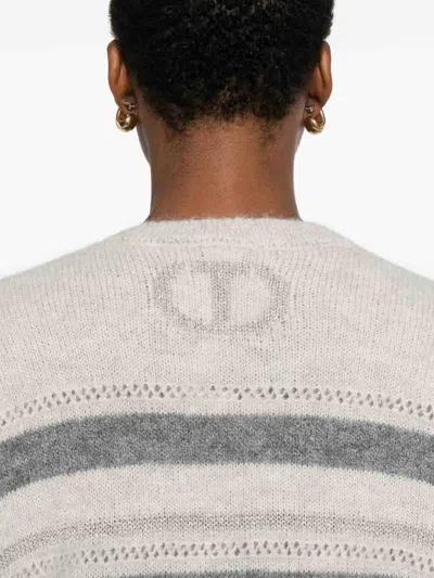 Twinset Horizontal Striped Knit Sweater With V-neckline In Gray