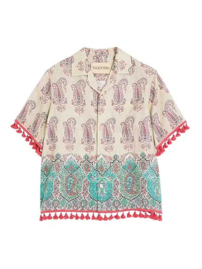 Valentino Paisley Linen Bowling Shirt In Neutral