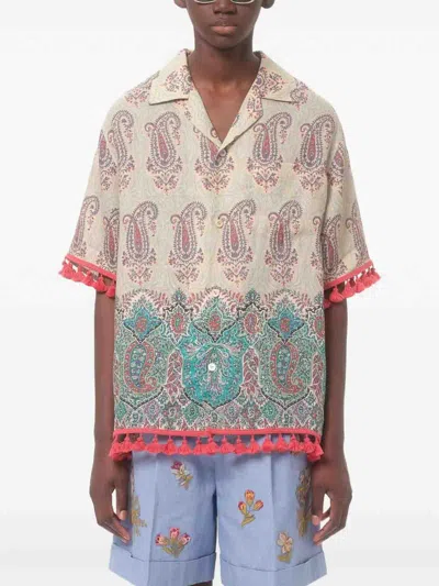 Valentino Paisley Linen Bowling Shirt In Neutral