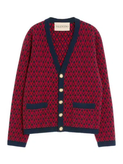 Valentino Toute La V Jacquard Wool Cardigan In Red