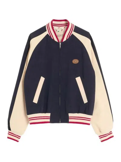 Valentino Wool And Cotton Bomber Jacket With Vlogo And Chat De La Maison Patch In Blue