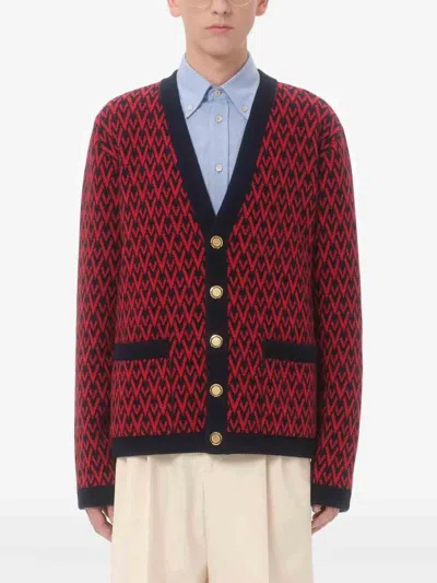 Valentino Toute La V Jacquard Wool Cardigan In Red