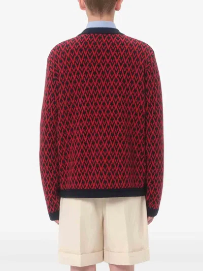 Valentino Toute La V Jacquard Wool Cardigan In Red