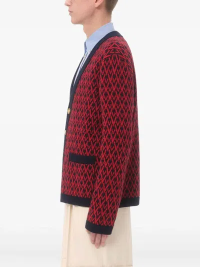 Valentino Toute La V Jacquard Wool Cardigan In Red