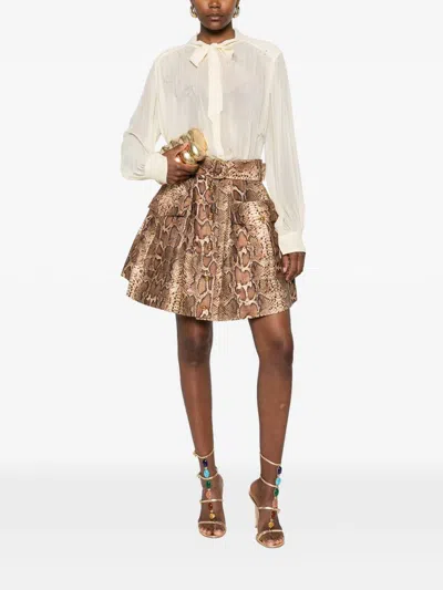 Zimmermann Midi Skirt With Animal Print And Belt In Brown