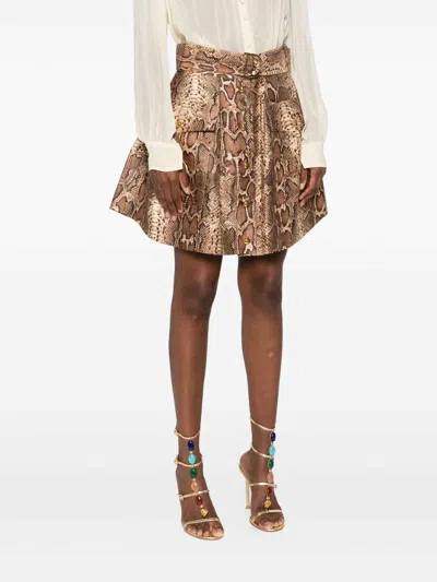 Zimmermann Midi Skirt With Animal Print And Belt In Brown