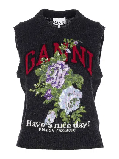 Ganni Flowers Grey Vest In Black