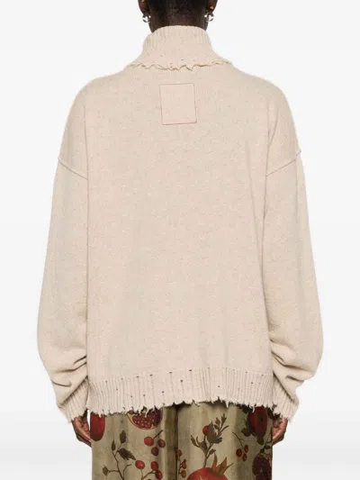 Uma Wang Ribbed Turtleneck Cashmere Sweater With Fringed Finish In Neutral