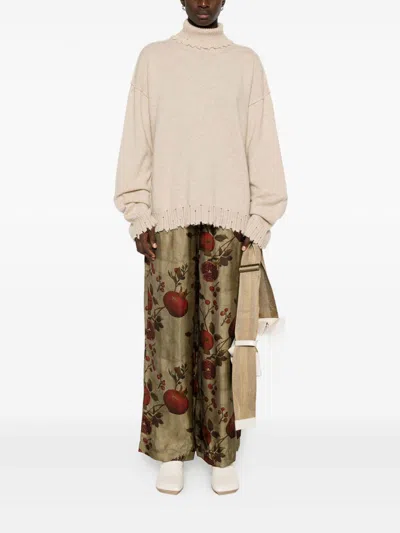 Uma Wang Ribbed Turtleneck Cashmere Sweater With Fringed Finish In Neutral