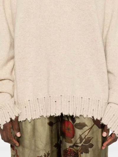 Uma Wang Ribbed Turtleneck Cashmere Sweater With Fringed Finish In Neutral