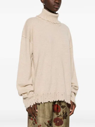 Uma Wang Ribbed Turtleneck Cashmere Sweater With Fringed Finish In Neutral