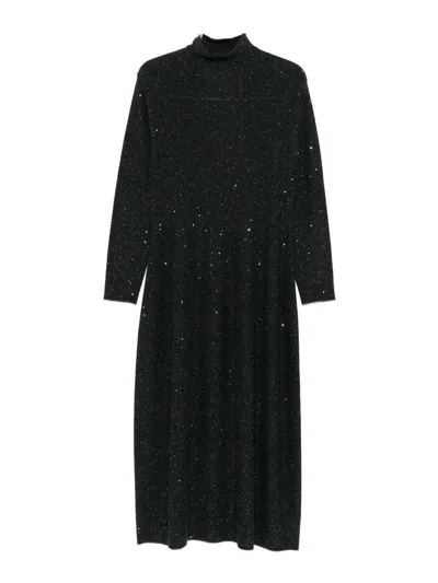 Antonelli Mid-length Black Dress With High Neckline And Sequined Detail In Green