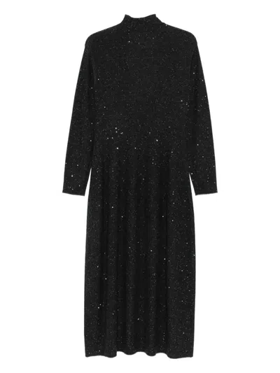 Antonelli Mid-length Black Dress With High Neckline And Sequined Detail In Green