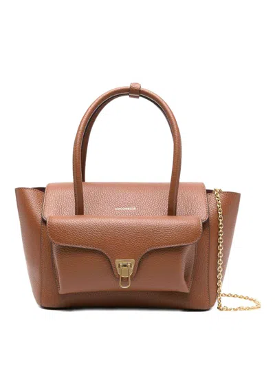 Coccinelle Structured Calfskin Shopper Bag With Gold-tone Accents In Brown
