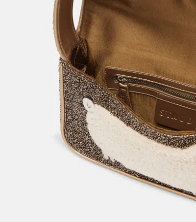 Staud Tommy Fleece-trimmed Beaded Satin Shoulder Bag In Brown