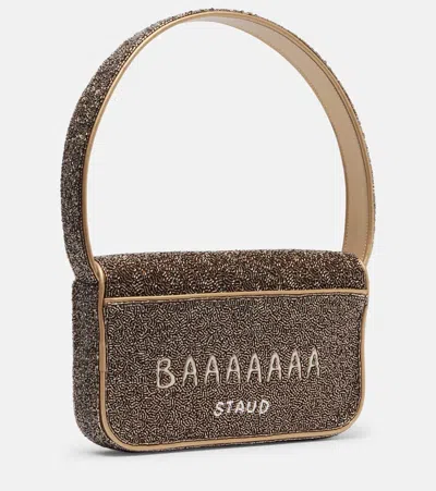 Staud Tommy Fleece-trimmed Beaded Satin Shoulder Bag In Brown
