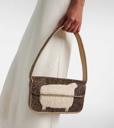 Staud Tommy Fleece-trimmed Beaded Satin Shoulder Bag In Brown