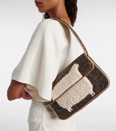 Staud Tommy Fleece-trimmed Beaded Satin Shoulder Bag In Brown