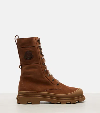 Moncler Vera High Shearling-trimmed Suede Mid-calf Boots In Brown