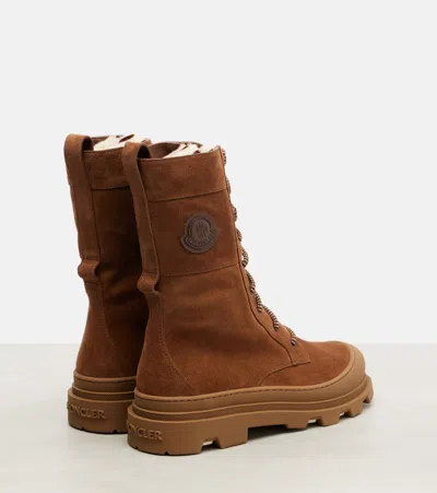 Moncler Vera High Shearling-trimmed Suede Mid-calf Boots In Brown